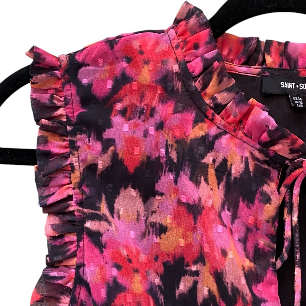 Saint + Sophia Floral Tiered Midi Dress Pink Black Sleeveless Pockets Feminine-6 - Picture 4 of 14